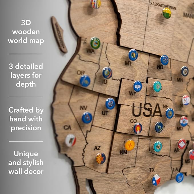 Enjoy The Wood 3D Wooden World Map Wall Art - Large Travel Map with Pins for Art Decor - Decorative Map of the World for Home, Office - Travel Wall Art Housewarming Gift Idea (Terra, 3XL, Unframed)