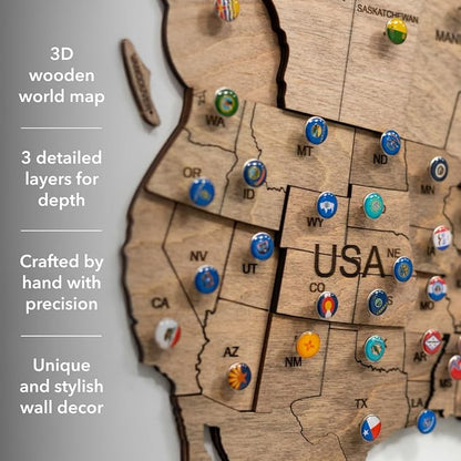 Enjoy The Wood 3D Wooden World Map Wall Art - Large Travel Map with Pins for Art Decor - Decorative Map of the World for Home, Office - Travel Wall Art Housewarming Gift Idea (Terra, 3XL, Unframed)