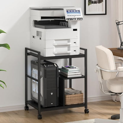 Lerliuo Printer Stand with Charging Station and USB Ports, Large 3-Tier Mobile Printer Table with Storage Shelf, Black Rolling Industrial Printer Cart with Lockable Wheels for Home Office