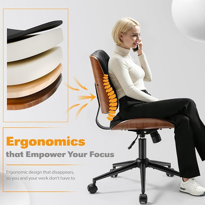 Shahoo Armless Office Chair with Wheels, Adjustable Height PU Leather Desk Chair with mid Back, Modern Walnut Style 360° Swivel Computer Chair for Small Spaces, Meeting Room, Black