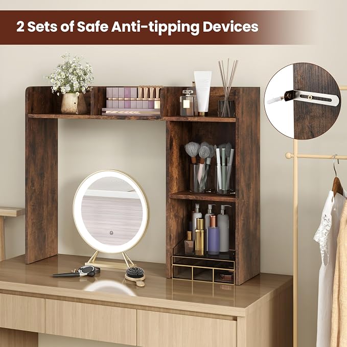 LDAILY Desktop Shelf, Multipurpose Wood Desk Hutch for Max 27" Computer Monitor, Countertop Storage Hutch with 5 Shelves, 3 Tier Desktop Display Rack for Dorm Office Home (Rustic Brown)