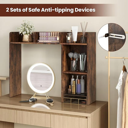 LDAILY Desktop Shelf, Multipurpose Wood Desk Hutch for Max 27" Computer Monitor, Countertop Storage Hutch with 5 Shelves, 3 Tier Desktop Display Rack for Dorm Office Home (Rustic Brown)