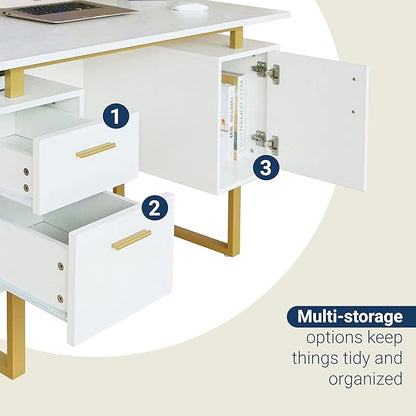 Techni Mobili Storage Drawers and Cabinet 51.25” W-Modern Office Large Floating Desktop Surface Desk, 23.6" D x 51.2" W x 29.8" H, White/Gold
