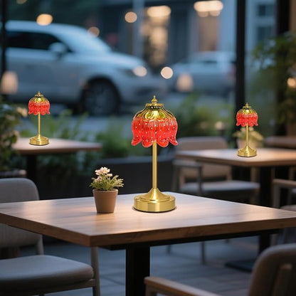 Cordless Lotus Flower Table Lamp, 5200mAh Rechargeable Battery Operated Portable Lamp, 3-Color Dimmable Touch Control Small Desk Lamp for Bedroom, Office, Kitchen, Nightstand,Room Decor (Strawberry)