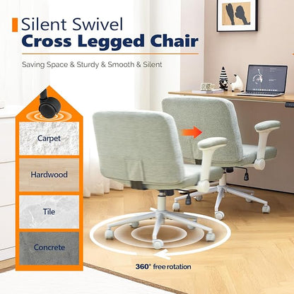VINGLI Criss Cross Chair with Adjustable Flip-Up Arms,Cross Legged Chair with Wheels, Extra Wide Office Chair,Cozy Desk Chair for Home Office, Vanity, Apartment,Chenille Velvet,Light Blue-Green