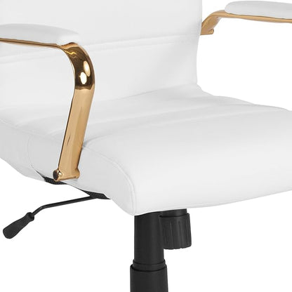 Flash Furniture Whitney Mid-Back Swivel LeatherSoft Desk Chair with Padded Seat and Armrests, Adjustable Height Padded Office Chair, White/Gold