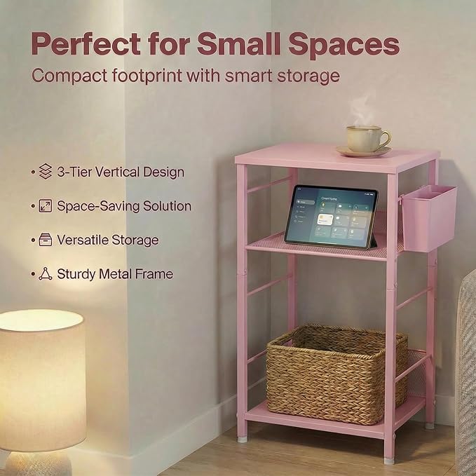 ECOLOVI 3 Tier Printer Stand for Under Desk, Height Adjustable Shelf Small Printer Table with 3 S-Hooks & Basket, Heavy Duty Industrial Storage Shelf for Home Office (Pink Wood)