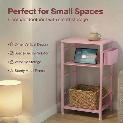 ECOLOVI 3 Tier Printer Stand for Under Desk, Height Adjustable Shelf Small Printer Table with 3 S-Hooks & Basket, Heavy Duty Industrial Storage Shelf for Home Office (Pink Wood)