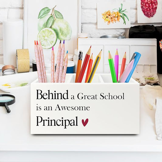Principal Gifts Pen Pencil Holder Organizer for Desk, Gifts for Principals Women Men, Behind a Great School Is an Awesome Principal Wooden Box Sign for Office Workplace Desk Tabletop Decorations