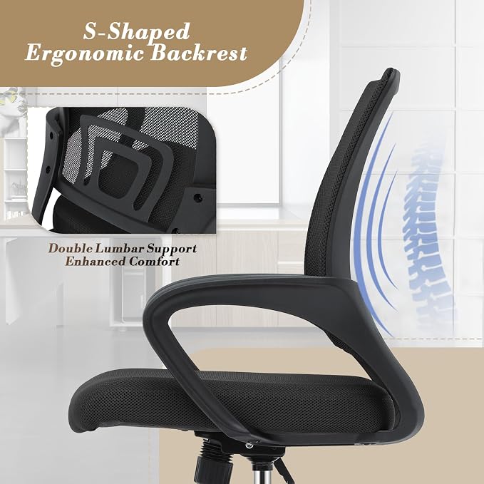 Office Chair Ergonomic - Mesh Desk Chair with Lumbar Support & Wide Seat (300Lbs Capacity) Adjustable Height, Swivel Wheels - for Home Office, Gaming, Bedroom