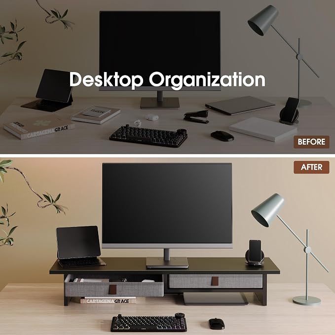 Fenge Monitor Stand with Drawer, 2 Tiers Dual Monitor Riser for Desk, 35 Inch Computer Stand for 2 Monitors, Desk Shelf for Home, Office, Laptop, PC, TV, Printer