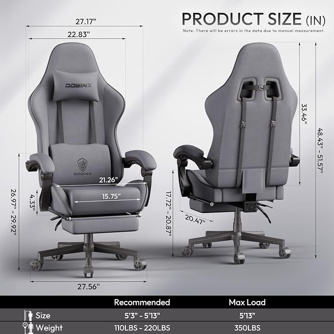 Dowinx Gaming Chair Fabric Big and Tall with Pocket Spring Cushion, Massage Game Chair Cloth with Headrest, Ergonomic Computer Chair with Footrest 350LBS, Grey