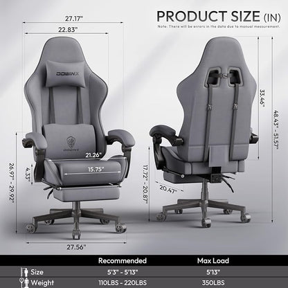 Dowinx Gaming Chair Fabric Big and Tall with Pocket Spring Cushion, Massage Game Chair Cloth with Headrest, Ergonomic Computer Chair with Footrest 350LBS, Grey