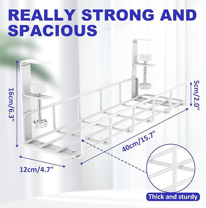 Under Desk Cable Management Tray, 31.5'' No Drill Heavy Duty Steel Cable Tray Organizers, Wire Management Tray Cable Rack with Clamp Mount, Adjustable Metal Under Desk Tray (White, 2 Pack)