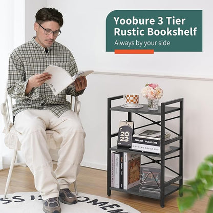 Yoobure Bookshelf Small Book Shelf, Solid Industrial 3 Tier Shelf Bookcase, Short Book Case for Bedroom, Living Room, Office Home, Small Spaces, Easy Assembly Charcoal Gray