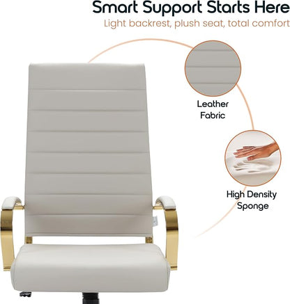 LeisureMod Modern High-Back Leather Office Chair - Swivel & Adjustable Executive Desk Chair with Gold Frame, Ergonomic Design for Home & Office (Tan, Set of 8)