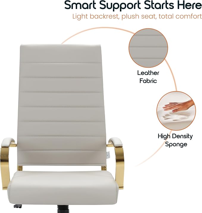 LeisureMod Modern High-Back Leather Office Chair - Swivel & Adjustable Executive Desk Chair with Gold Frame, Ergonomic Design for Home & Office (Tan, Set of 6)