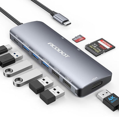 USB C Hub, Acodot 9-in-1 USB C Dongle, All-in-One USB C Hub Multiport Adapter with 3 x USB 3.0 ports, 4K HDMI, 100W Power Delivery, MicroSD/SD Card Reader for MacBook Air, MacBook Pro, XPS