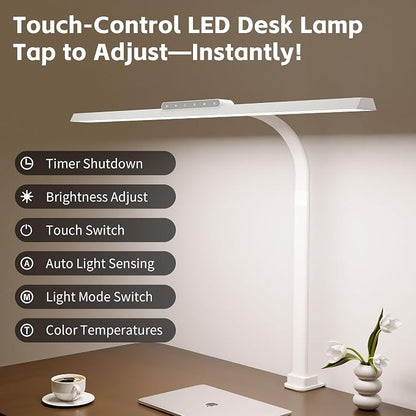 Desk Lamp with Clamp, LED Eye-Caring Clip on Desk Lights for Home Office, Tall Touch Control Dimmable Computer Light with Color Changing, 24W Brightest Architect Desktop Lamp for Screen, White