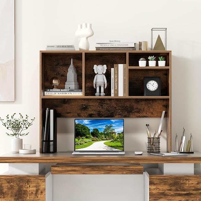 GOFLAME 4 Cubes Desktop Bookshelf, 37” Tabletop Wood Desk Shelf for Computer Monitor, Modern Countertop Desk Display Hutch Storage Organizer Shelf for Home Office, Dorm, Study, Rustic Brown