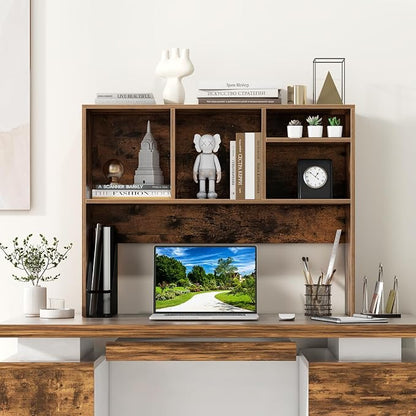 GOFLAME 4 Cubes Desktop Bookshelf, 37” Tabletop Wood Desk Shelf for Computer Monitor, Modern Countertop Desk Display Hutch Storage Organizer Shelf for Home Office, Dorm, Study, Rustic Brown