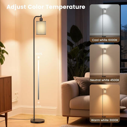 SIBRILLE Floor Lamp with Linen Shade, Dimmable Tall Standing Lamp with Remote Control & 3 Color Temperatures, Modern Floor Lamps for Living Room Bedroom Office Corner, 9W LED Bulb Included