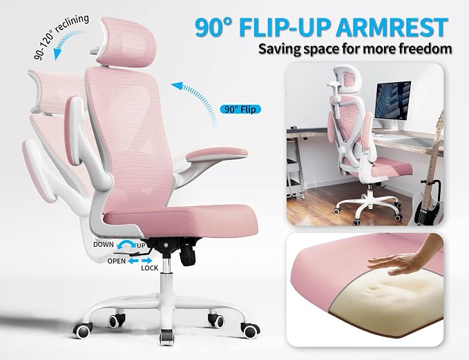 Pink Ergonomic Office Chair: Mesh Desk Chair Comfy with Adjustable Lumbar Support 330lbs High Back Computer Gaming Chair - Big and Tall Office Chairs with Headrest - Adults Home Office