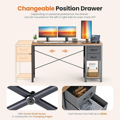Sweetcrispy 40 Inch Computer Desk with Drawers for Home Office Writing Desk X Shaped Reinforcement Wood Surface Adjustable Position Modern Study Work Side Hook Metal Frame Storage Station Rust