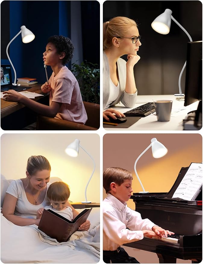 BOHON Clamp Lamp 5 Color Modes 10 Brightness Dimmer Bedside Lamp, White | Reading Light 10W 38 LED Desk Lamp with Auto Off Timer 360° Flexible Gooseneck Clip on Light for Bed Office, Adapter Include