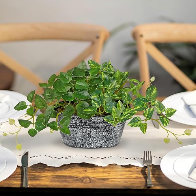 Artificial Plants Indoor 5.9" Faux Plant in Metal Pot, Small Fake Potted Plants with 2 Mixed Leaves Greenery Silk Plant for Living Room Desk Office Table Kitchen Farmhouse Shelf Home Vintage Decor