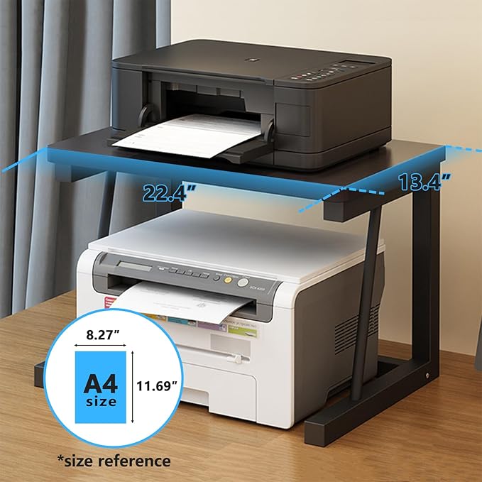 Printer Stand, 2-Tier Desktop Printer Shelf for 3D Laser Printer, Copier, Durable Wood Storage Organizer for Home Office Kitchen, 22.5" W*14.8" D*15" H (2-Tier, Black)