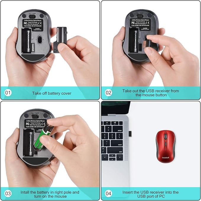 LeadsaiL Wireless Mouse, 2.4Ghz USB Cordless Mouse for Laptop, Compact Silent Mice, 4 Buttons, 3 Adjustable DPI, Ergonomic Optical Mouse for MacOS and Windows Coumpter, Notebook