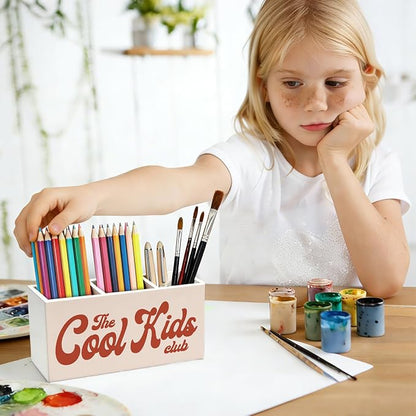 Kids Room Decor Pen Pencil Holder for Desk, The Cool Kids Club Wooden Box Sign Decorations for Boys Girls Room Bedroom Playroom Classroom Desk Tabletop