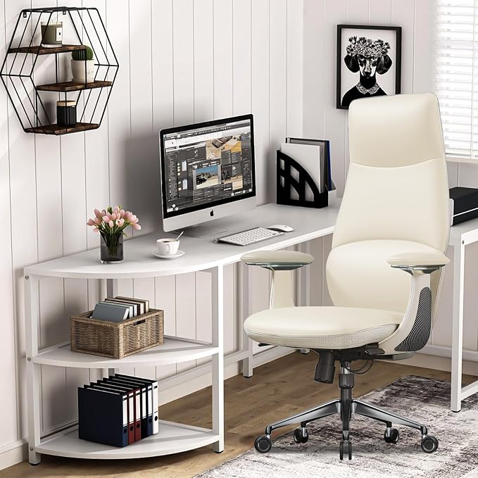 Ergonomic Genuine Leather Office Chair, Executive Chair with Tilt Adjustable High Back and Lumbar Support, 400lbs Weight Capacity Metal Base with 360° Flexible Wheels (White)