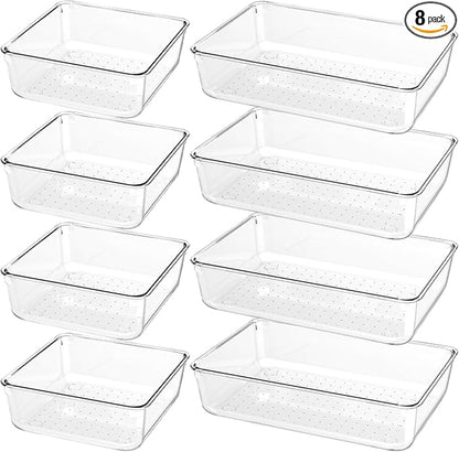 8 PCS Clear Plastic Drawer Organizer Tray, Acrylic Vanity Bathroom Drawer Organizers Trays, Desk Drawer Organizer Bins for Cosmetic, Makeup, Kitchen, Office, Junk Drawer Divider Organization