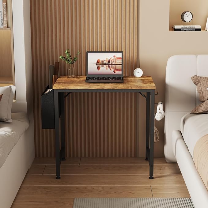 Lufeiya Small Desk for Small Spaces, 24 Inch Kids Girls Study Writing Mini Desks for Bedroom, Simple Modern Laptop PC Little Side Table with Storage Bag Headphone Hooks, Rustic Brown