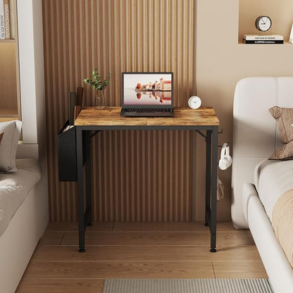 Lufeiya Small Desk for Small Spaces, 24 Inch Kids Girls Study Writing Mini Desks for Bedroom, Simple Modern Laptop PC Little Side Table with Storage Bag Headphone Hooks, Rustic Brown