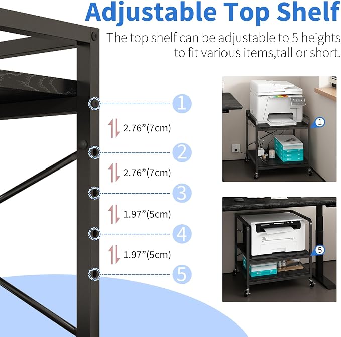 METYERRY Under Desk Printer Stand with Power Outlet,2 Tier Large Printer Table with Adjustable Shelf,Rolling Printer Cart with Industrial Wheels for Home Office,20"×20" Black