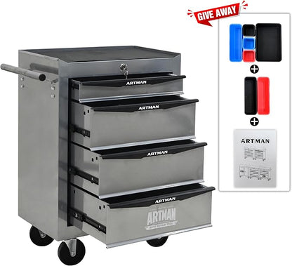 RYH 4-7 Drawers Rolling Tool Chest & Tool Box on Wheels | Heavy Duty Metal Cart with Ball Bearing Drawers | Fits US General Tool Box for Garage Storage (Silver, 4 Drawers（30.5" H × 20.9" W × 13" D)