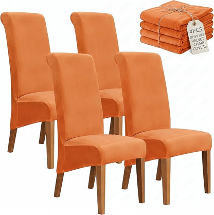 Deisy Dee Stretch XL/Oversized Extra Large Velvet Dining Room Chair Covers for Kitchen Dining，Removable Washable Chair Protectors Slipcovers (Orange, 4)