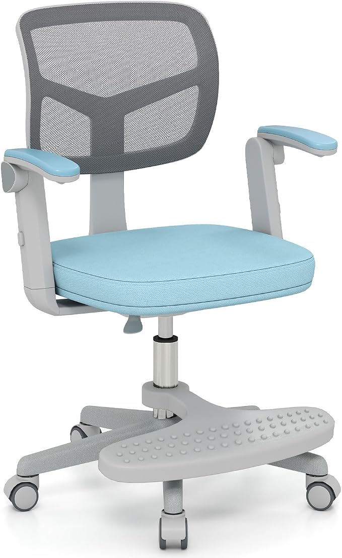 Giantex Kids Desk Chair, Ergonomic Adjustable Student Rolling Chair with Footrest & Flip-up Armrest, Mesh Children Office Chair with Universal Wheels, Kids Computer Chair for Boys & Girls, Blue