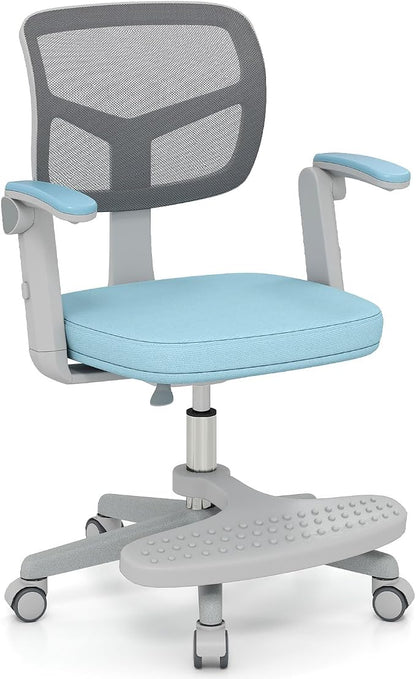 Giantex Kids Desk Chair, Ergonomic Adjustable Student Rolling Chair with Footrest & Flip-up Armrest, Mesh Children Office Chair with Universal Wheels, Kids Computer Chair for Boys & Girls, Blue