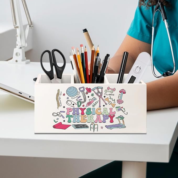 Physical Therapy Gifts Pen Holder for Desk, PT Gifts Wooden Box Sign Desk Decor for Office Home Decoration, Physical Therapist Gift Pencil Organizer, Therapy Office Decor