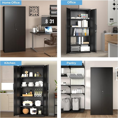 Tall Steel Garage Storage Cabinet with Lock - 72" H Heavy Duty Metal Storage Locker with 4 Adjustable Shelves for Home, Office, Black
