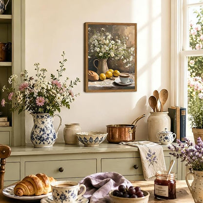 Framed Vintage Kitchen Wall Art, Rustic Floral Lemon Pictures Wall Decor, Cottagecore Coffee Bread Still Life Paintings Canvas Prints Farmhouse Home Decor for Dining Room Living Room 16x24 inch