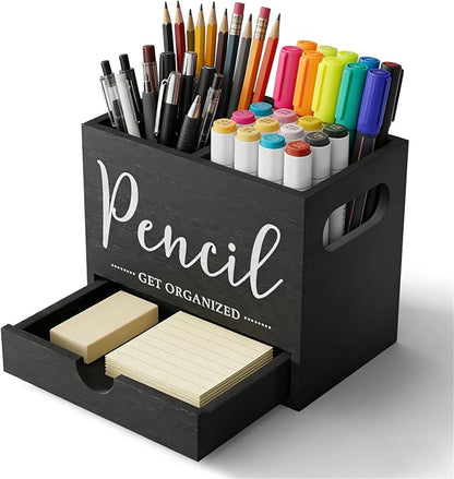 Pencil Pen Holder for Desk, Wooden Marker Holder with Drawer, 2 Slots Dual-Purpose Desk Organizers Art Supplies for Home, Office (Black)