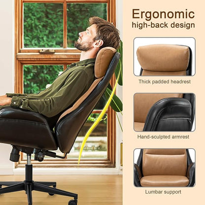 Glitzhome High Back Office Chair,Modern Ergonomic Swivel Office Chair,Adjustable Home Office Desk Chair with Lumbar Support,Black & Camel