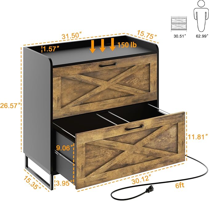 Halitaa Lateral File Cabinet with Charging Station, 2 Drawer File Cabinet for Letter/Legal/A4 Size Hanging Files, Large Wood File Storage Cabinets, Rustic Brown and Black