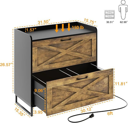 Halitaa Lateral File Cabinet with Charging Station, 2 Drawer File Cabinet for Letter/Legal/A4 Size Hanging Files, Large Wood File Storage Cabinets, Rustic Brown and Black