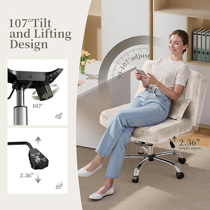 Velvet Office Chair, Luxury Criss Cross Chair with Wheels, Comfy Cross Legged Desk Chair for Home Office, Height Adjustable Vanity Chair, Wide Seat Computer Chair, Gift for Girlfriend, Cozy Beige